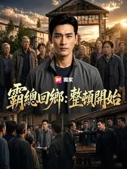 霸总回乡整顿开始短剧竖版海报，主角站在村口人群前